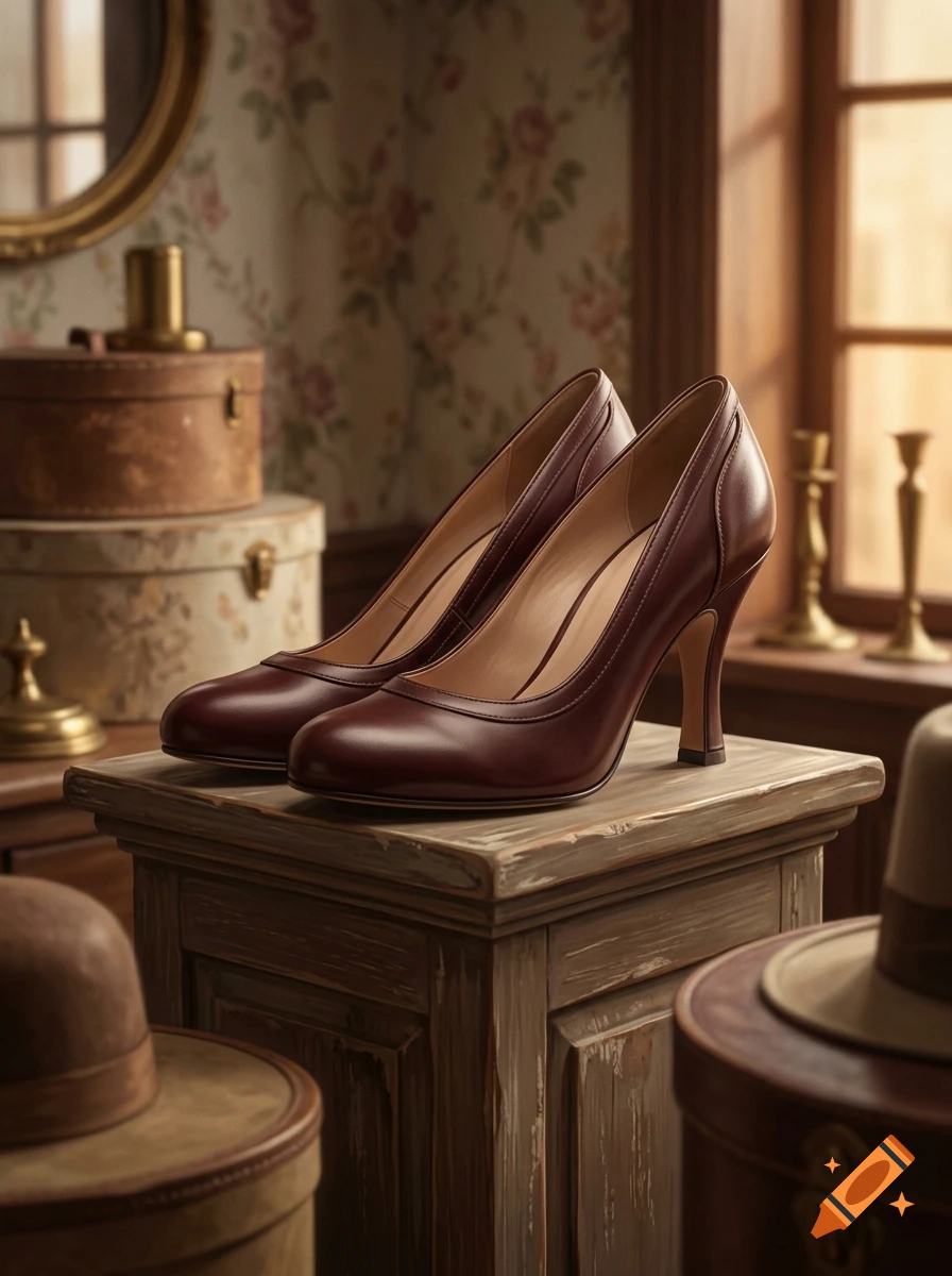 Close-up of burgundy high-heeled shoes on a wooden pedestal in a vintage room with floral wallpaper and hats.