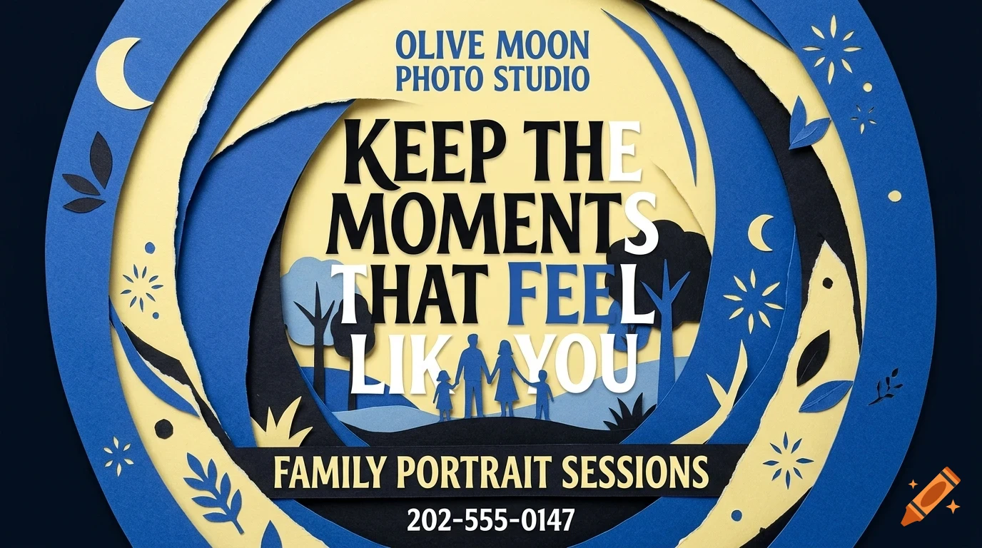 Layered papercut design advertising Olive Moon Photo Studio featuring a silhouetted family and text.