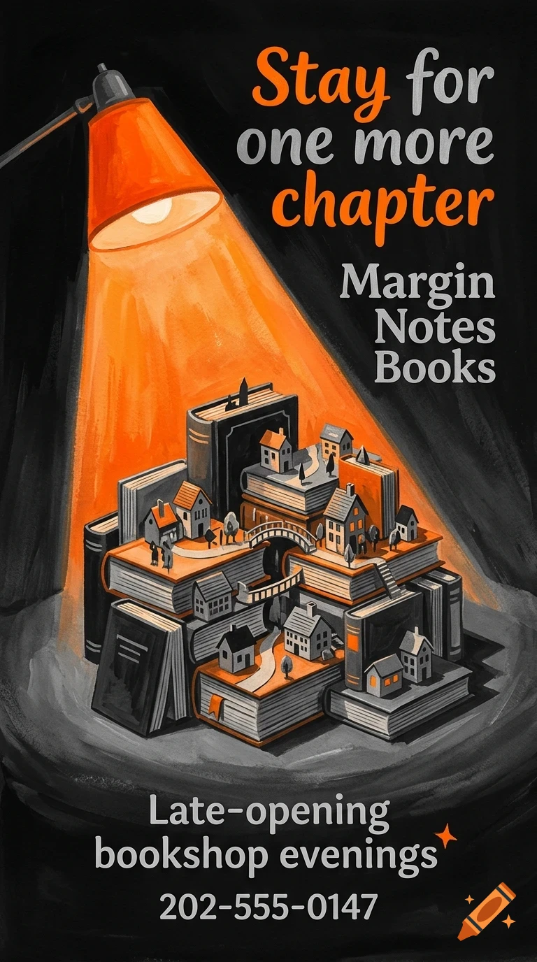 An illustration of a miniature town built on a stack of books, illuminated by a bright orange desk lamp.