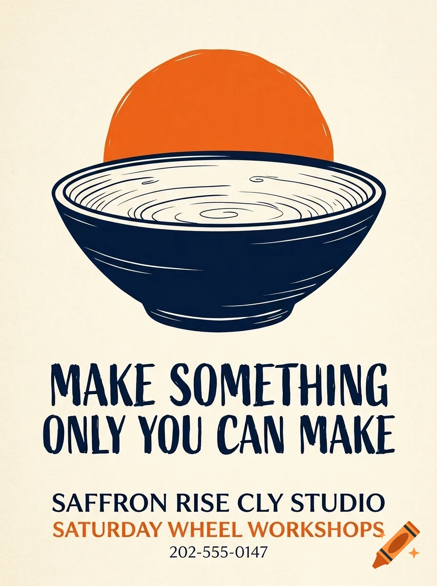 An illustrated poster featuring a blue bowl with an orange sun behind it, alongside text about pottery workshops.