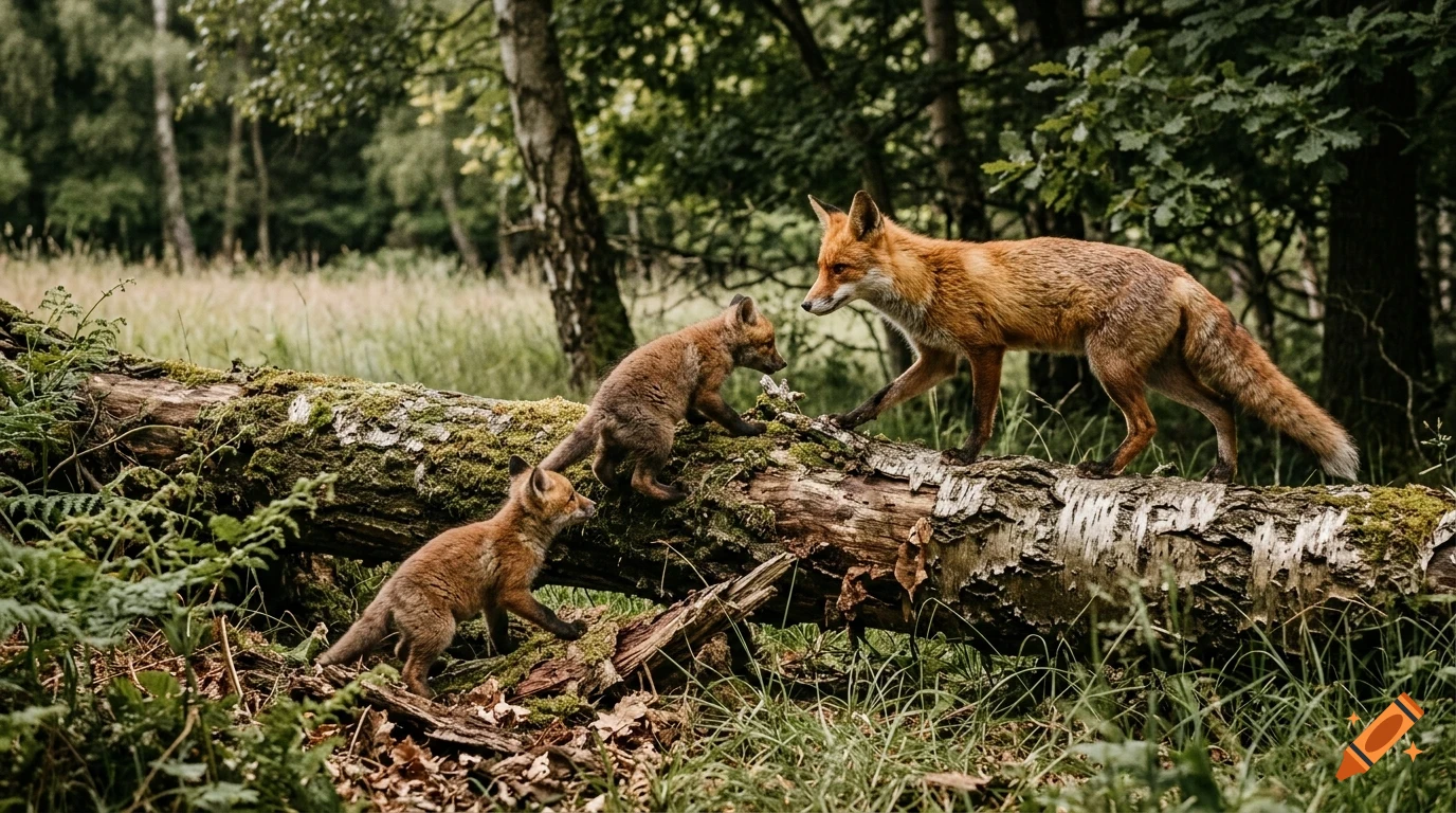 An adult fox and two kits walking across a mossy fallen log in a forest.
