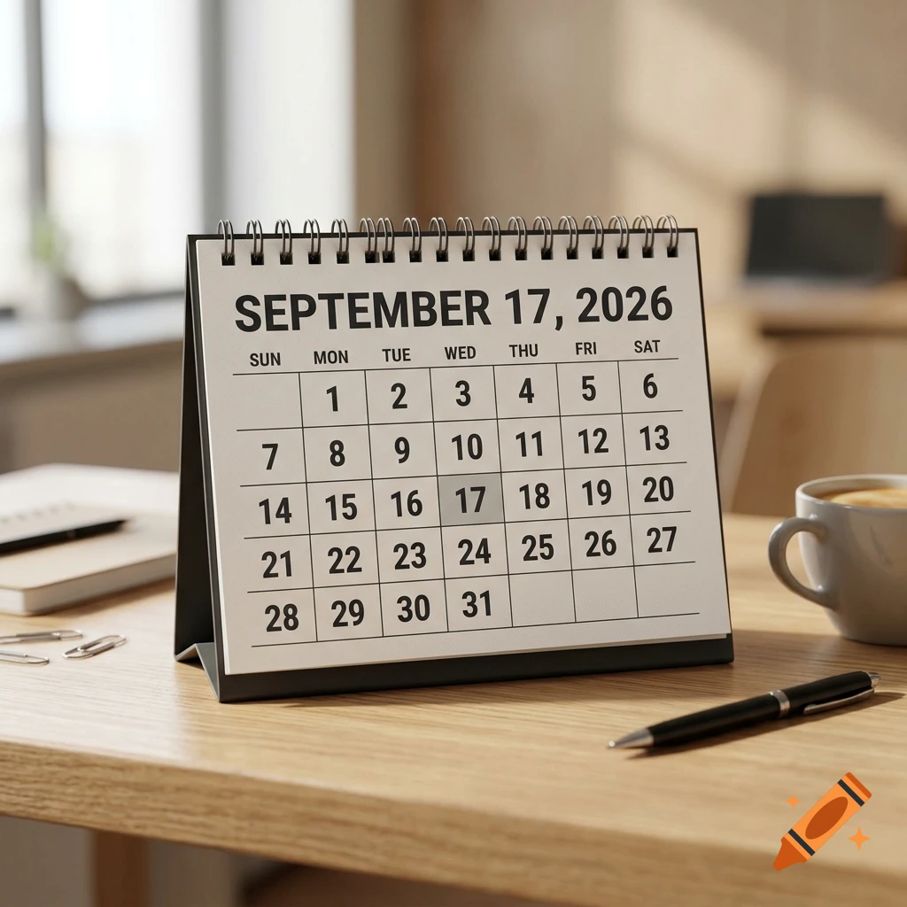 A desk calendar showing September 17, 2026, sitting on a wooden table next to a coffee cup.