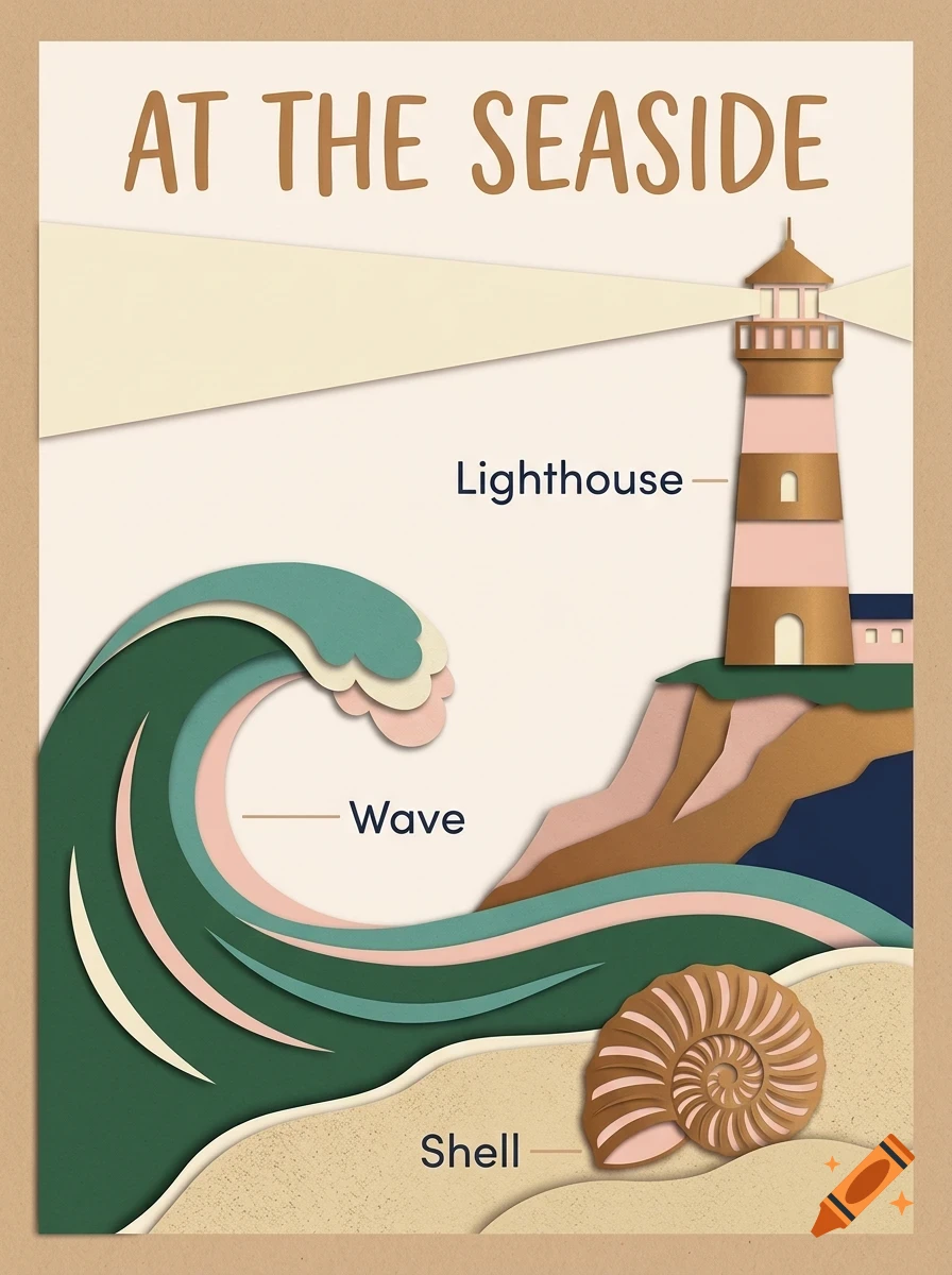 An educational poster titled At The Seaside depicting a layered papercraft illustration of a lighthouse, a large wave, and a seashell, with labels pointing to each element.
