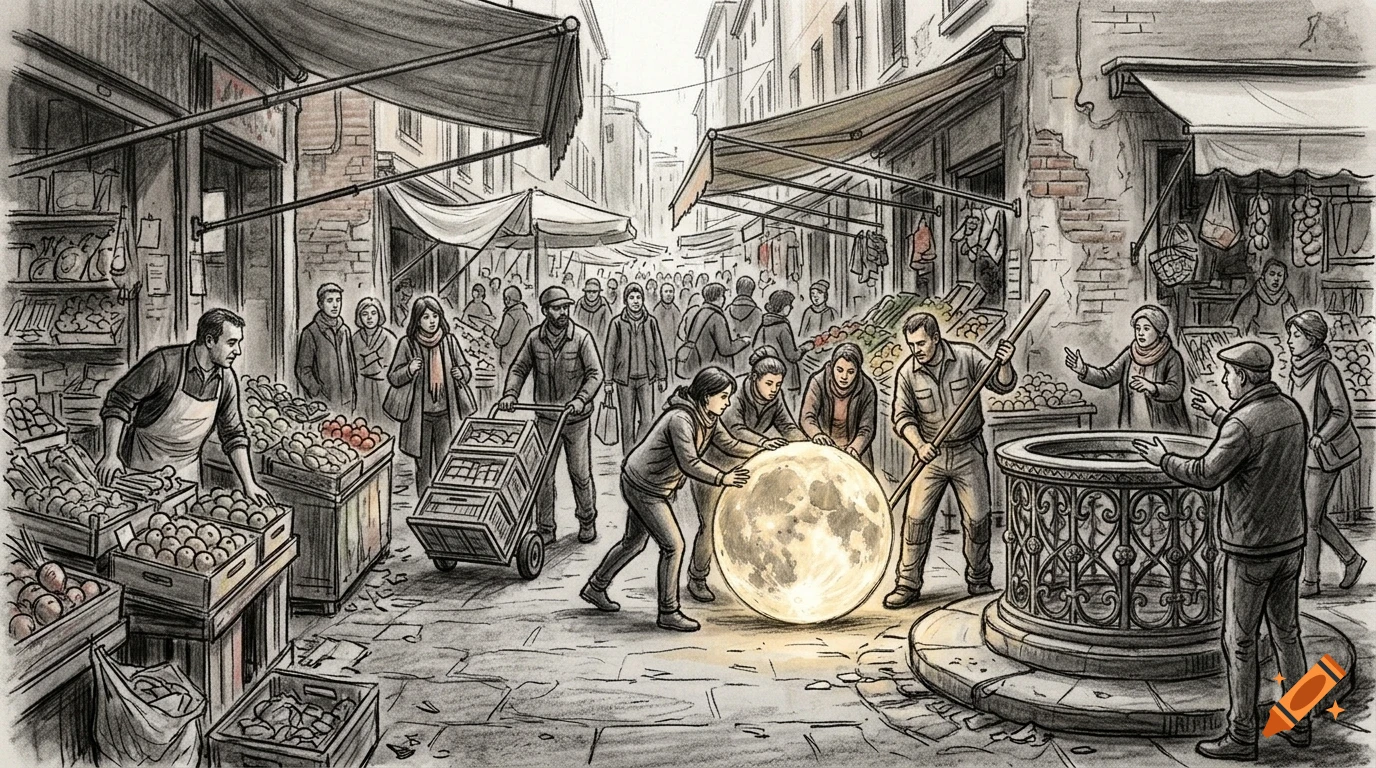 People rolling a glowing full moon through a crowded historic European street market.