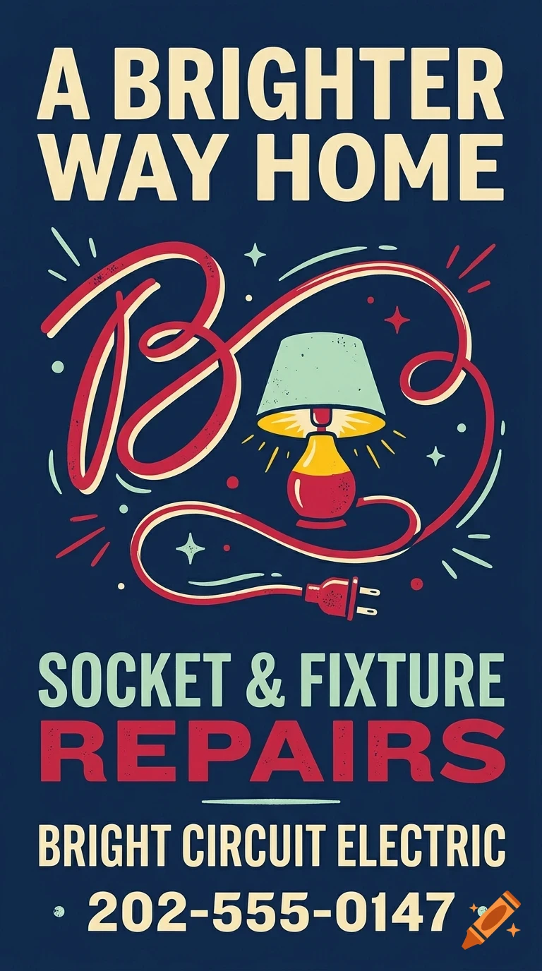 An advertisement for Bright Circuit Electric featuring a lamp graphic, a red cord, and text reading A Brighter Way Home, Socket & Fixture Repairs, and a phone number.