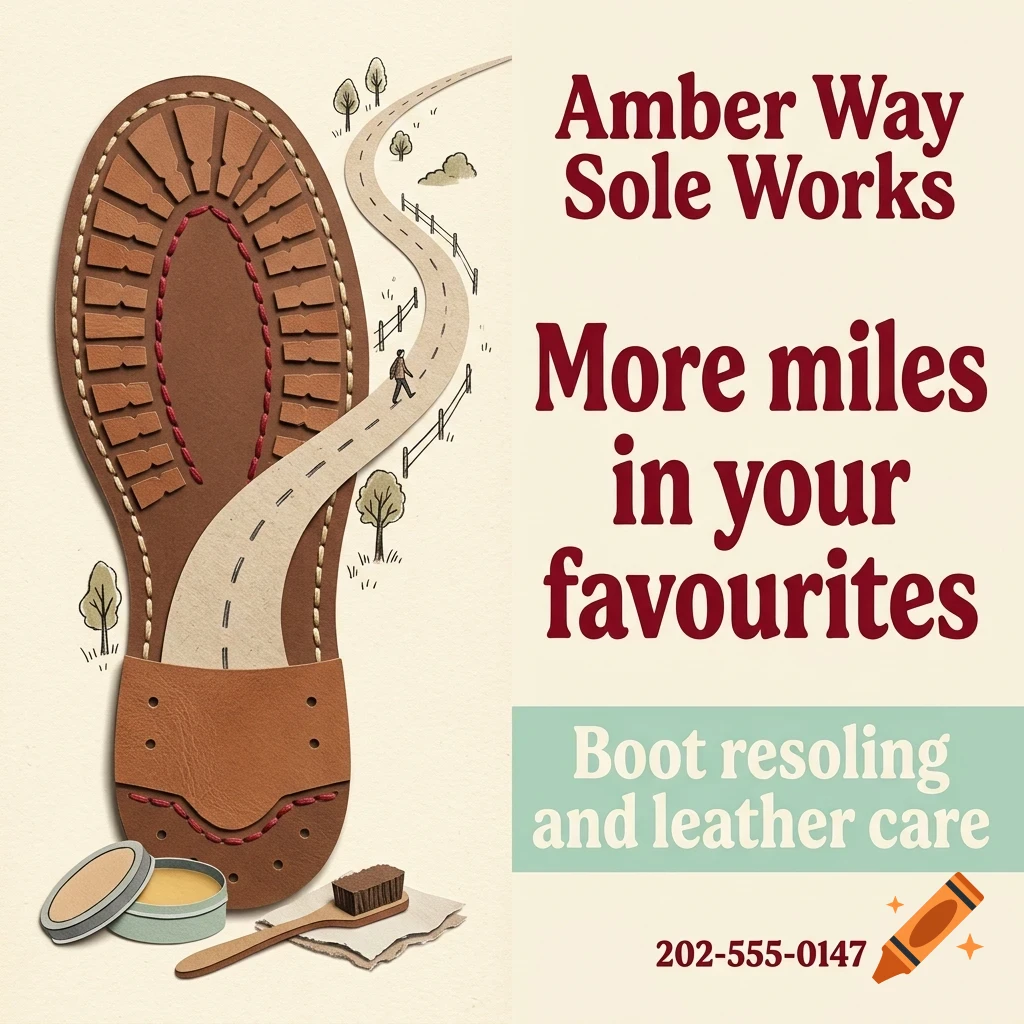 A poster for Amber Way Sole Works featuring a boot sole that doubles as a winding road with a small traveler, accompanied by shoe polish and text.