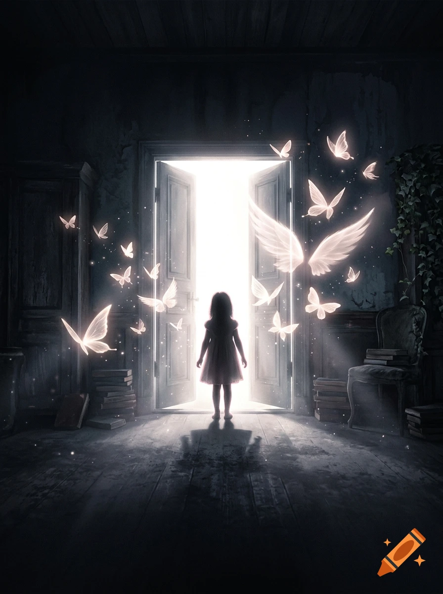 Cinematic digital art of a little girl silhouetted in a dark room facing a bright, open door surrounded by glowing magical wings.