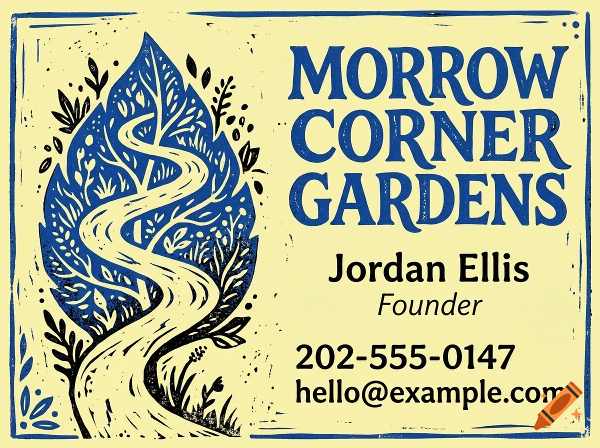 A business card with a blue and black linocut style graphic of a winding path through a leaf on the left, and the text Morrow Corner Gardens, Jordan Ellis Founder, 202-555-0147, and hello@example.com on the right.