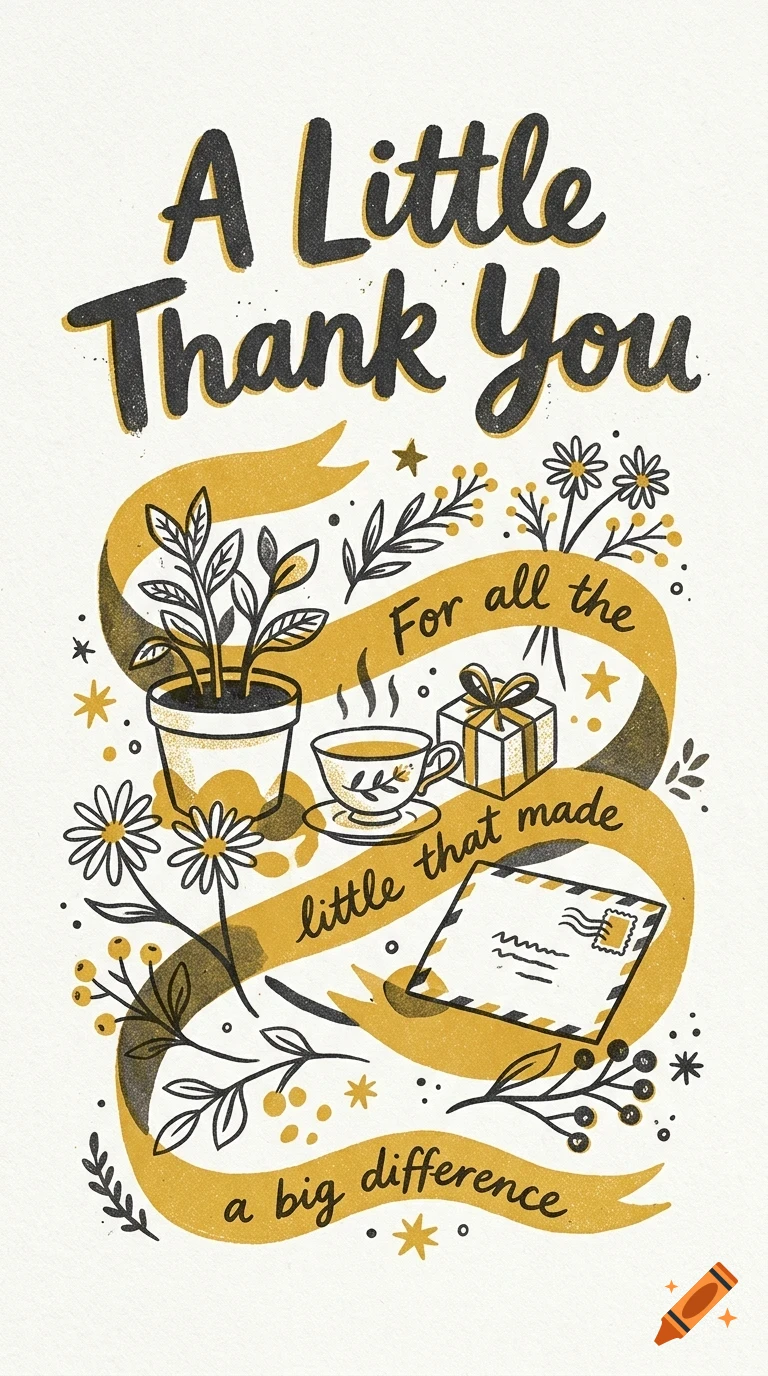 An illustration with the text A Little Thank You featuring a potted plant, a teacup, a gift box, an envelope, and flowers intertwined with a yellow ribbon.
