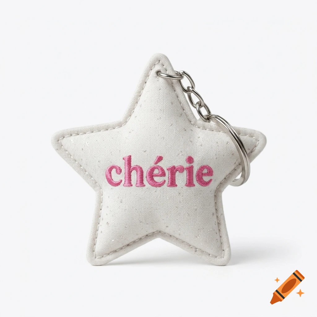 A star-shaped fabric keychain with the word "chérie" embroidered in pink, on a white background.
