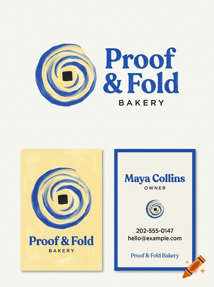 Branding design for Proof & Fold Bakery featuring a blue and yellow swirled graphic and business card layouts with placeholder text.
