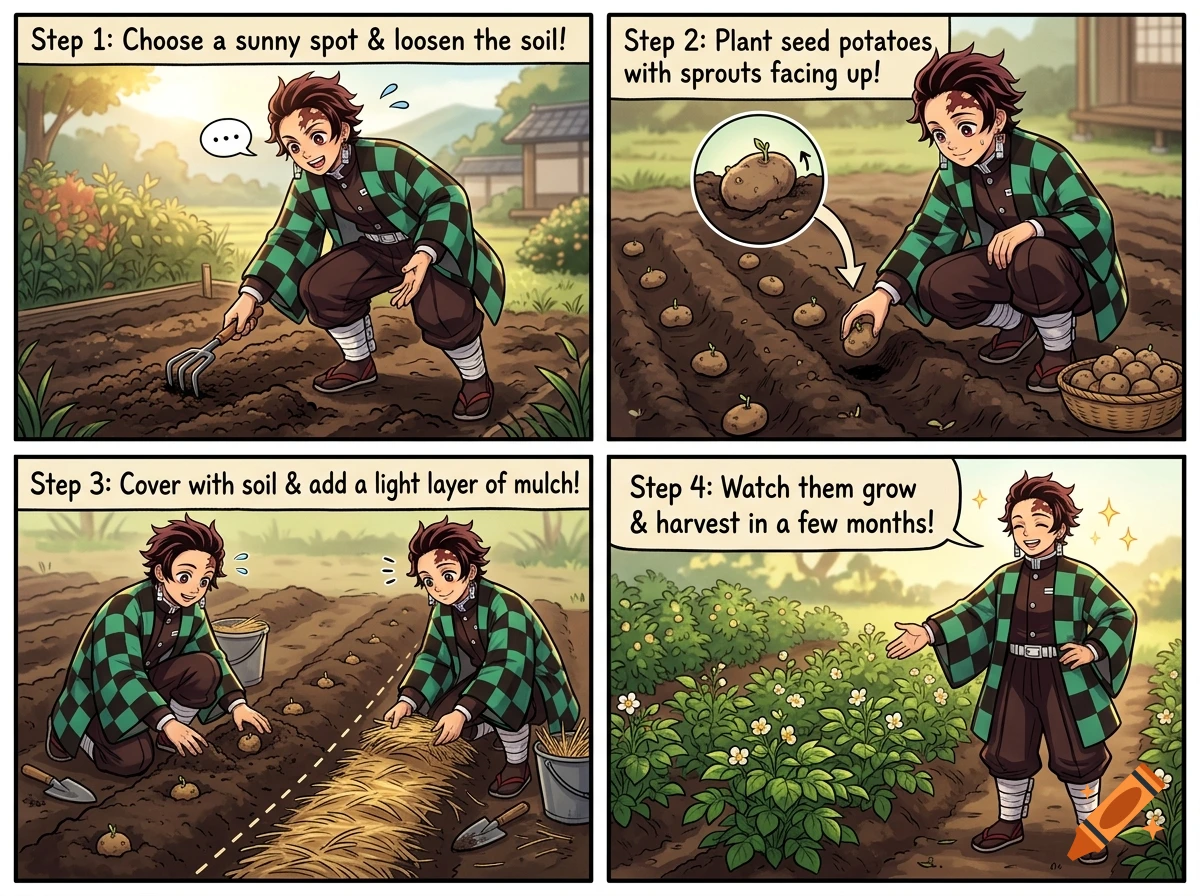 A four-panel anime style comic depicting Tanjiro Kamado demonstrating how to plant potatoes in a garden.