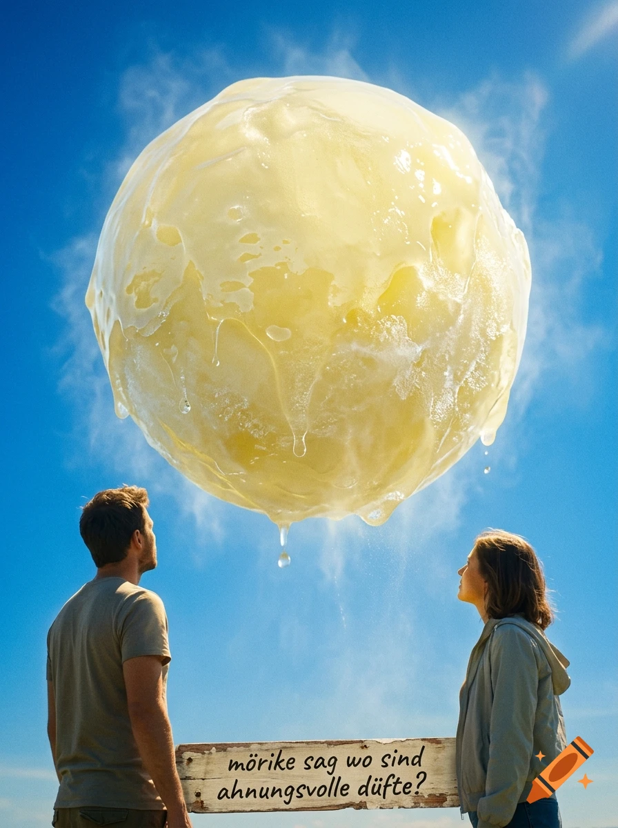 A surreal photorealistic scene showing a giant melting sphere of lemon ice cream in the sky, with a man and woman looking up, and a wooden sign at the bottom featuring German text.