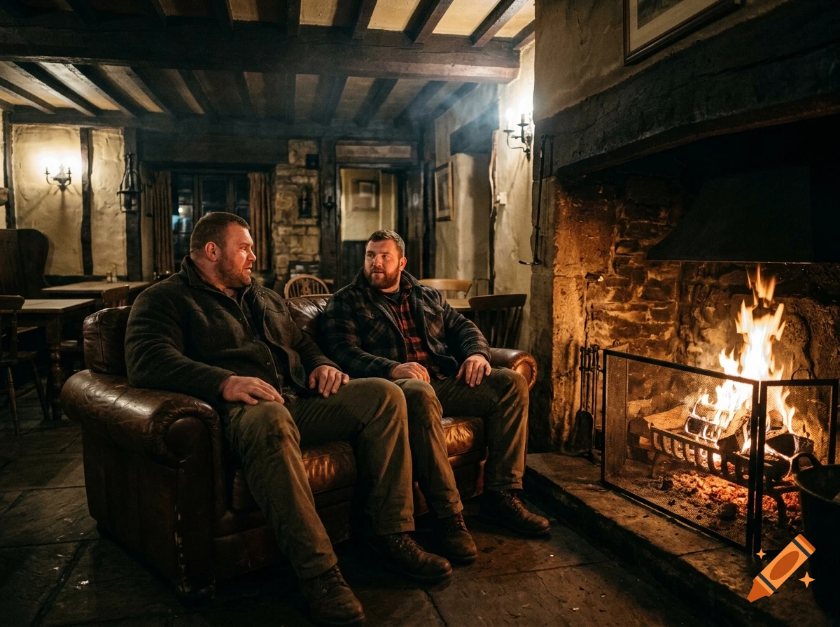 Photorealistic image of two large men sitting on a leather sofa by a roaring fireplace inside a rustic tavern.