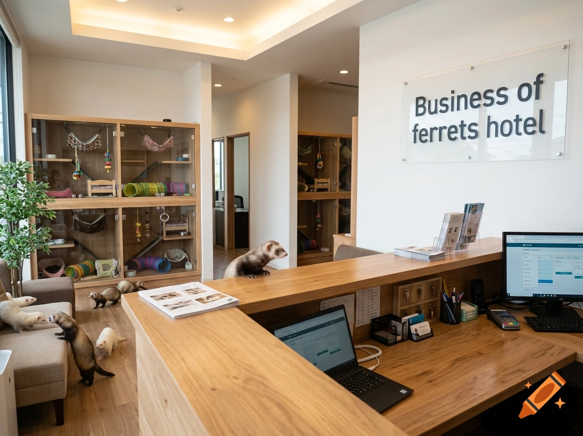 Photorealistic image of a hotel reception area populated by multiple playful ferrets and display enclosures.