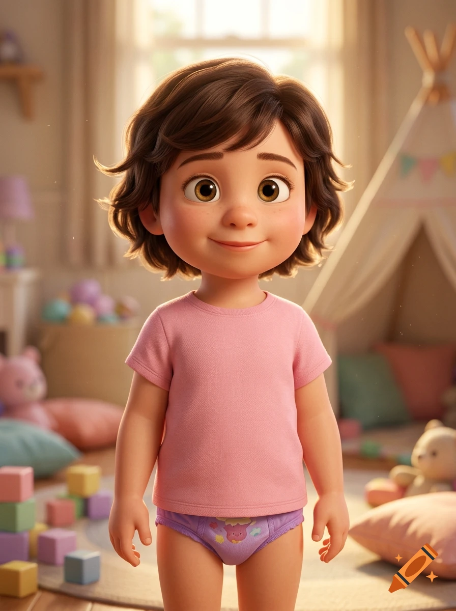 3D Pixar style digital art of a 4-year-old toddler girl with short wavy brown hair, hazel eyes, pink t-shirt, and purple pull-ups standing in a children's playroom.
