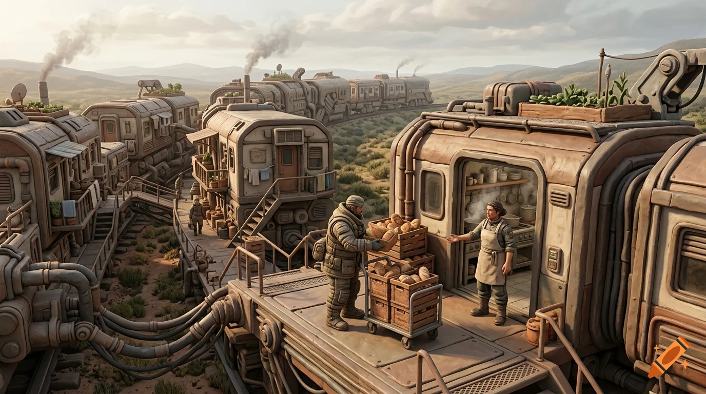 An industrial landscape featuring a sprawling futuristic train with modular carriages, where people are interacting and unloading crates of bread.