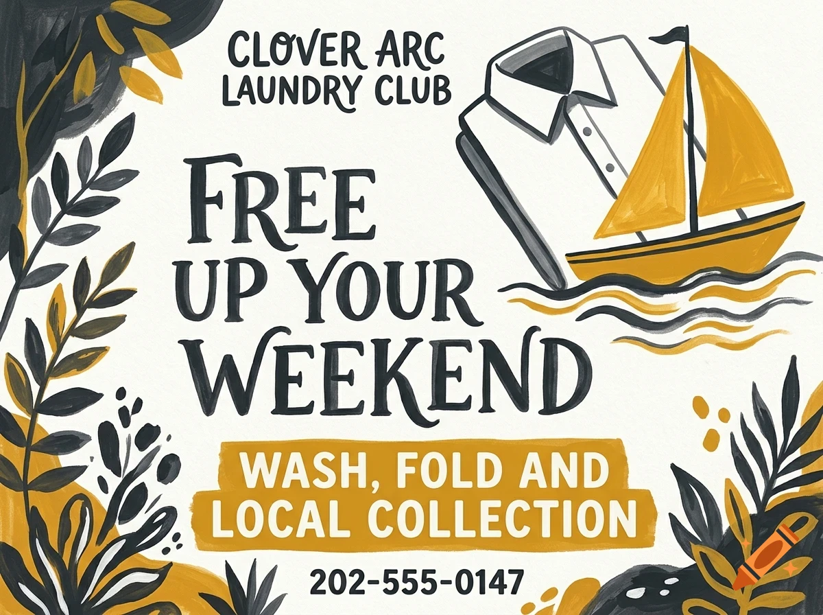 An illustration for Clover Arc Laundry Club featuring a shirt shaped like a sailboat, foliage, and text reading Free Up Your Weekend.