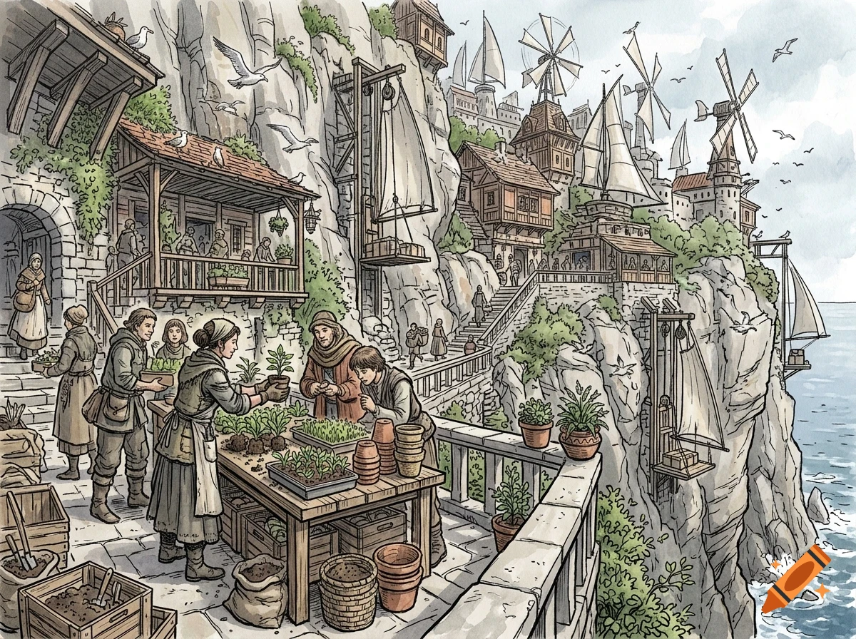 An illustrated coastal cliffside village with people tending plants on a terrace overlooking the sea, with windmills and sailing ships.