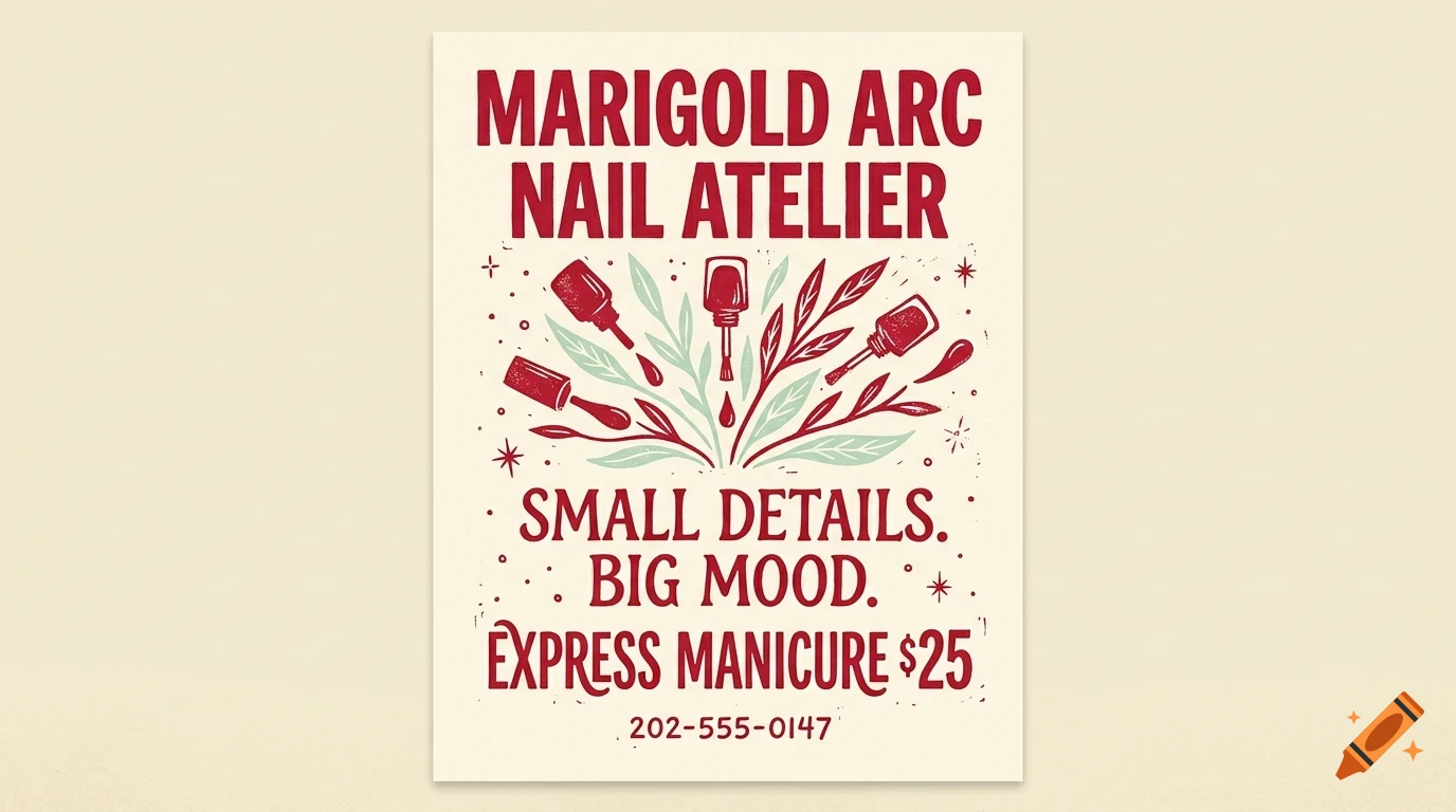 A poster for Marigold Arc Nail Atelier featuring red nail polish bottles, leaves, and text.