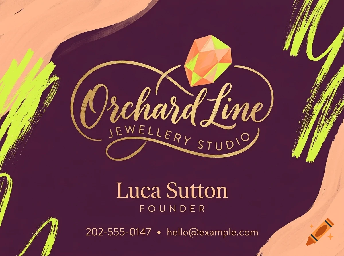 A business card design for Orchard Line Jewellery Studio featuring gold lettering, a geometric gem, and brush stroke accents.