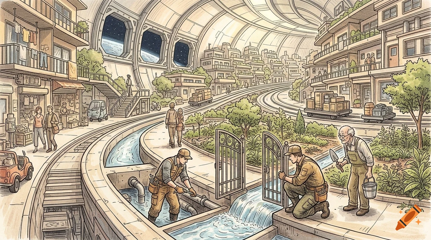 An illustrated view of an indoor city inside a massive curved structure, with buildings, people working, and a canal.