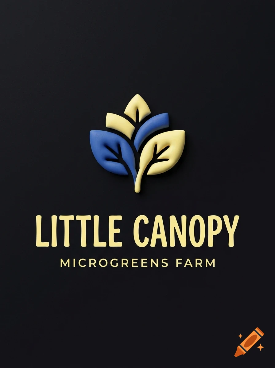 A logo featuring stylized blue and yellow leaves above the text LITTLE CANOPY MICROGREENS FARM on a dark background.