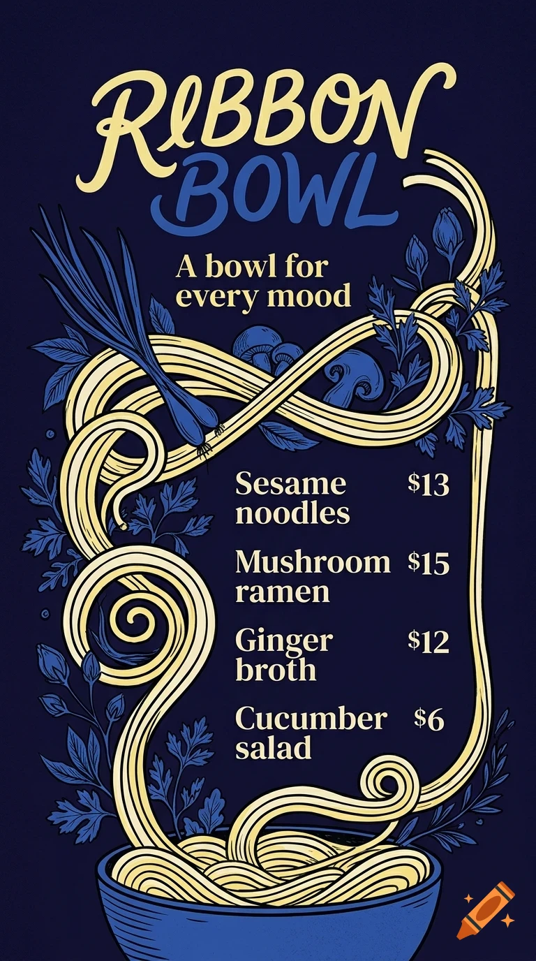 An illustrative menu design titled Ribbon Bowl featuring noodle illustrations and text listing menu items and prices.