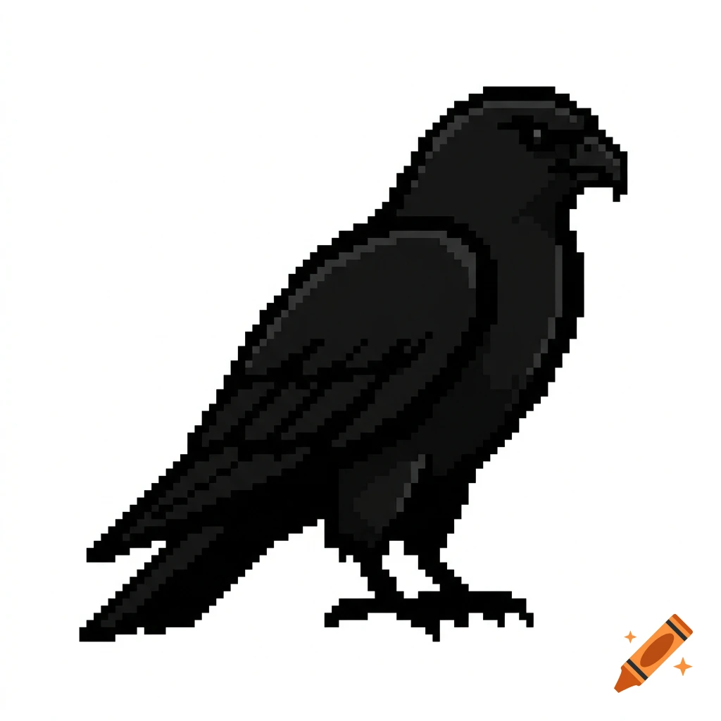 Pixel art of an all black falcon standing in profile against a white background.