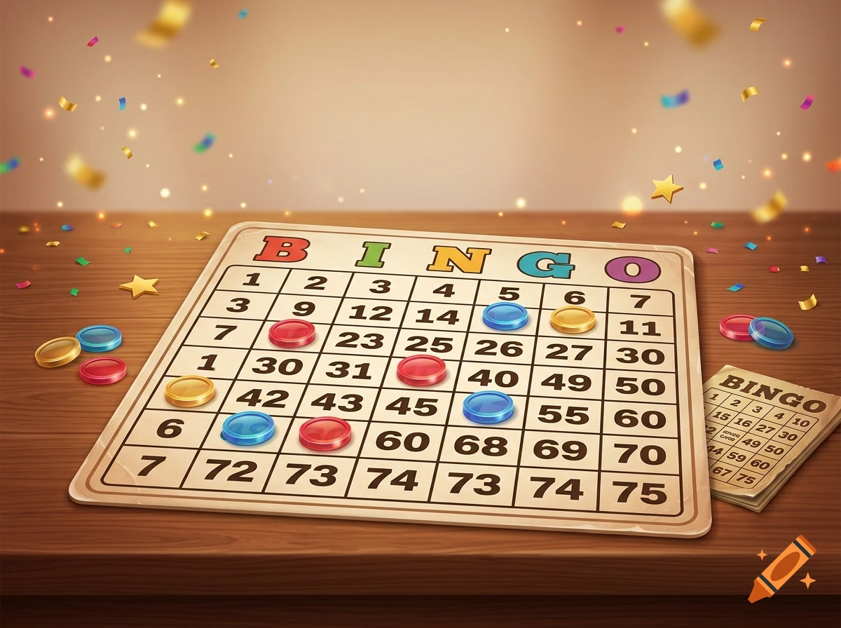 Digital illustration of a bingo card with colorful tokens on a wooden table, featuring confetti in the background.