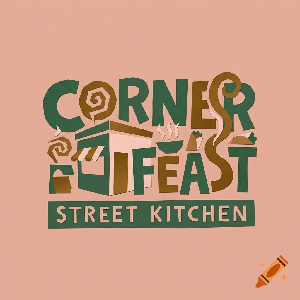 A papercut-style design featuring the text Corner Feast and Street Kitchen with illustrations of a small shop, bowl, and food.