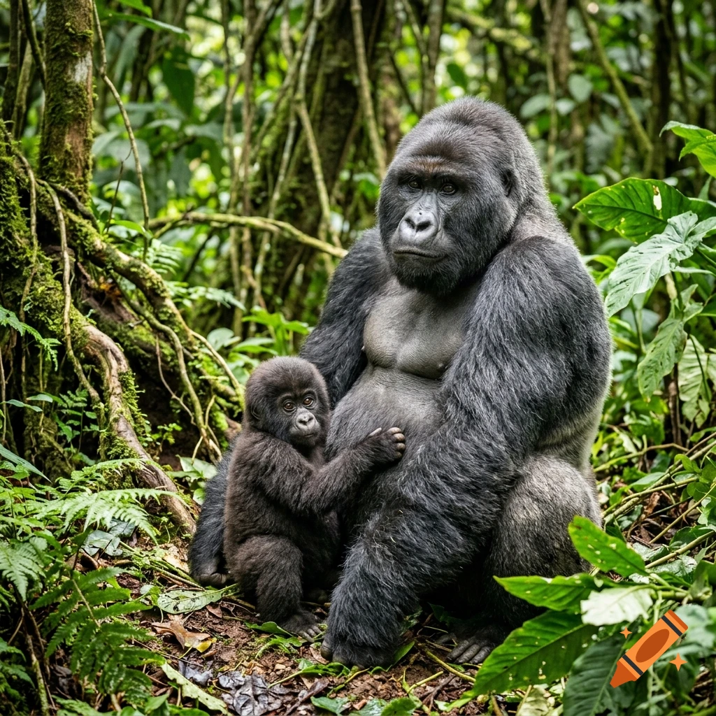 Photorealistic image of a large silverback gorilla and a baby gorilla sitting together in a lush tropical rainforest.