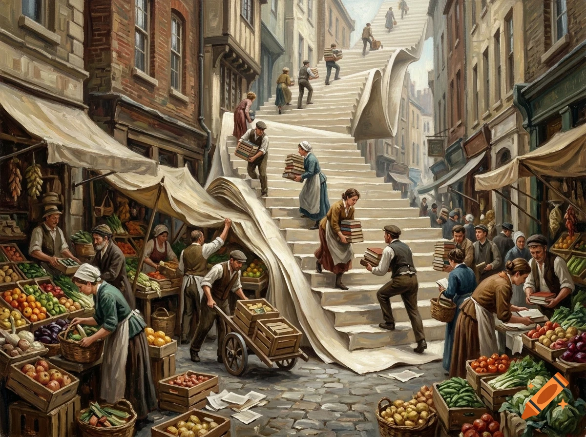 An oil painting of a busy historical street market where people carry stacks of books on a massive staircase formed from an unrolling book.