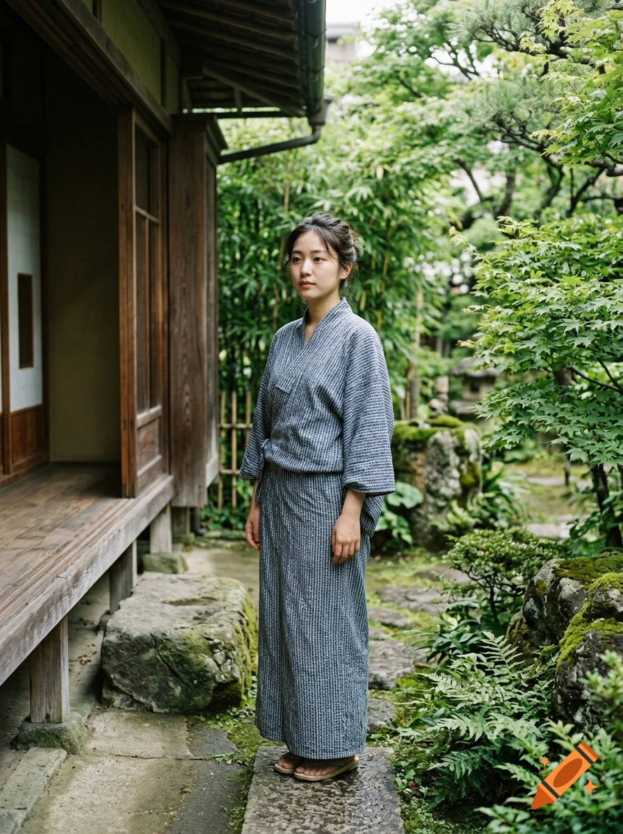 A full-length photorealistic shot of a woman in a blue yukata standing on a stone path next to a traditional Japanese house and garden.