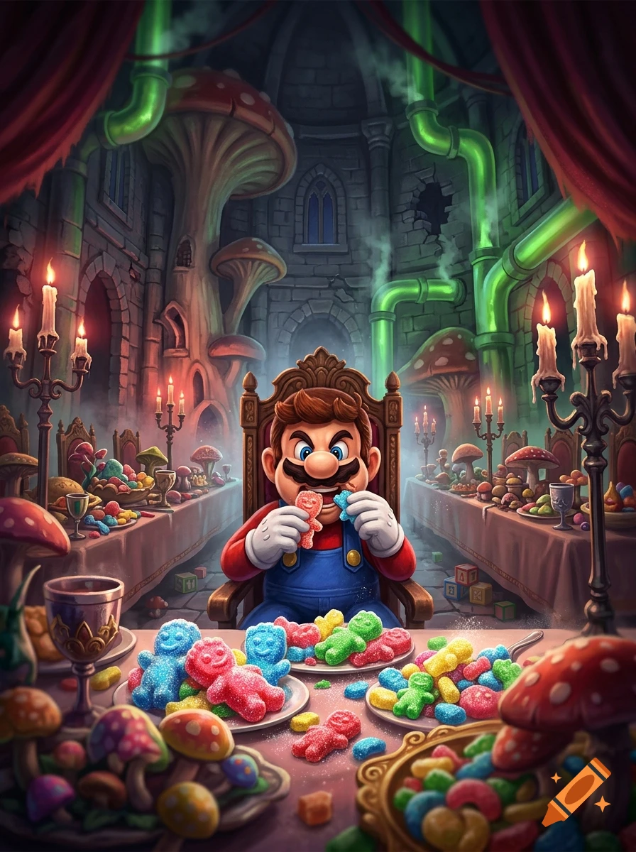 Mario sitting on a throne in a dark castle, eating gummy candy shaped like babies, digital art style.