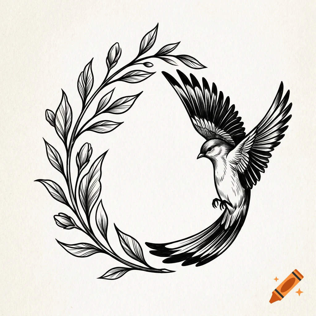 An ink drawing of a bird flying next to a curved leafy branch wreath on a pale background.