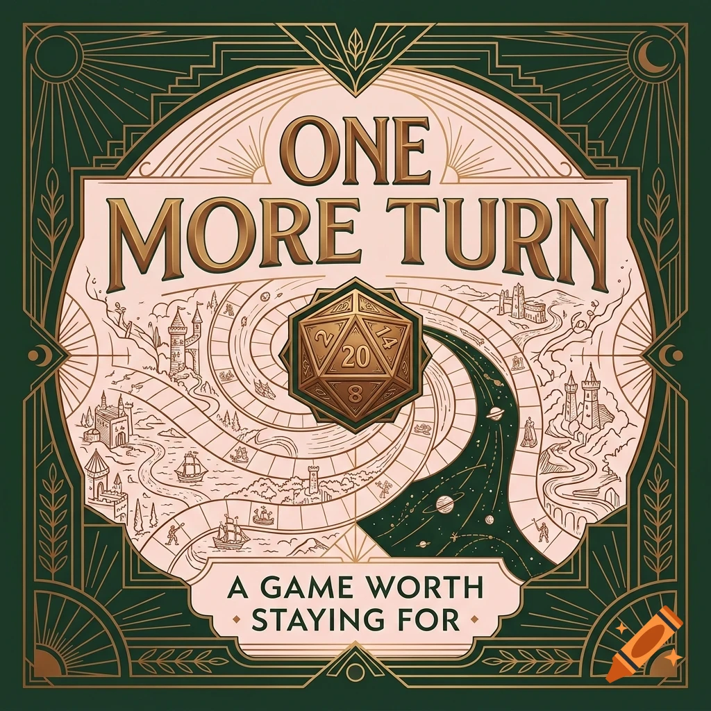 An art deco style board game illustration with a central 20-sided die, winding paths, castles, and the text ONE MORE TURN.