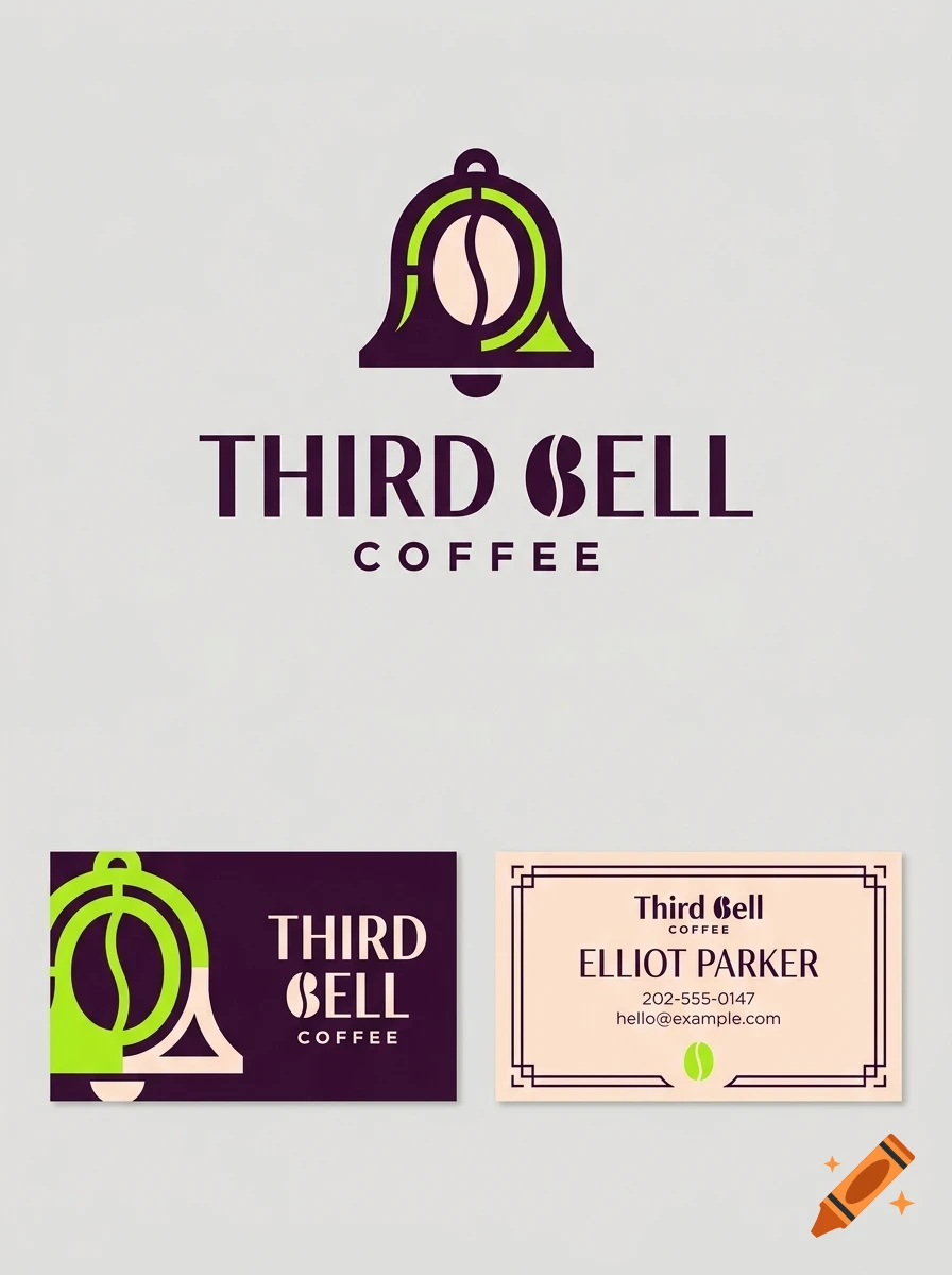 A logo design for Third Bell Coffee featuring a bell icon with a coffee bean inside, accompanied by two business cards displaying the branding.