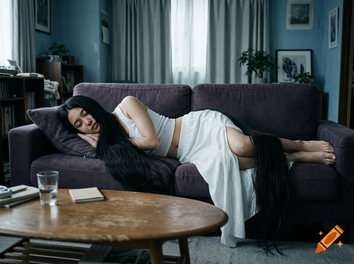 Photorealistic image of a young woman with extremely long black hair napping on a purple sofa in a blue living room.