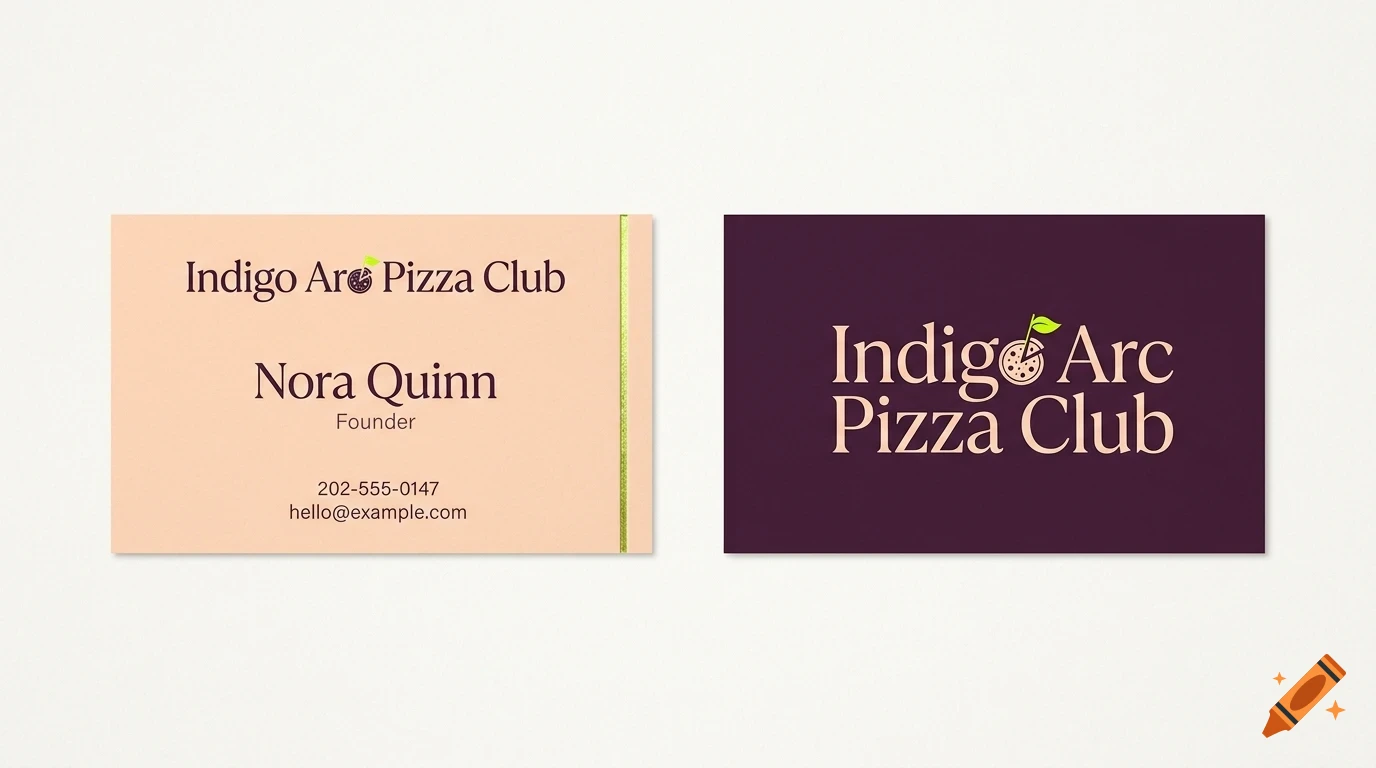 Two business cards for Indigo Arc Pizza Club featuring a peach-colored front and a dark purple back.
