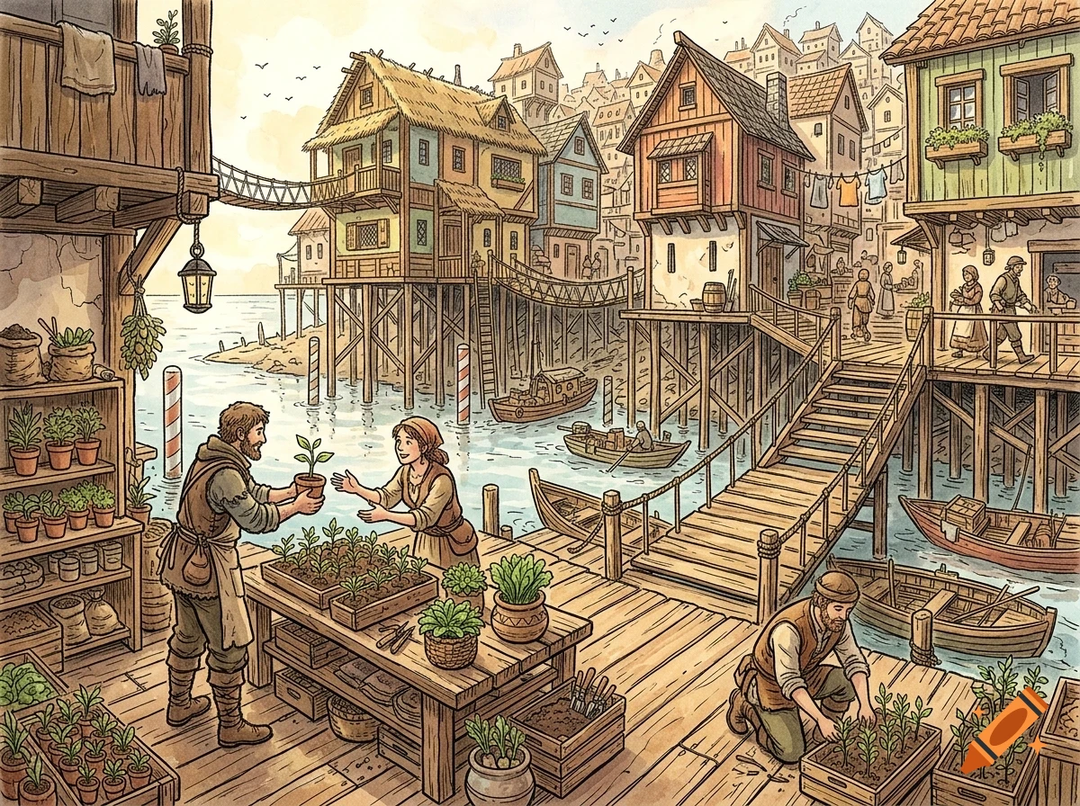 An illustrated coastal village scene featuring wooden stilt houses, docks, boats in the water, and people gardening and selling plants.
