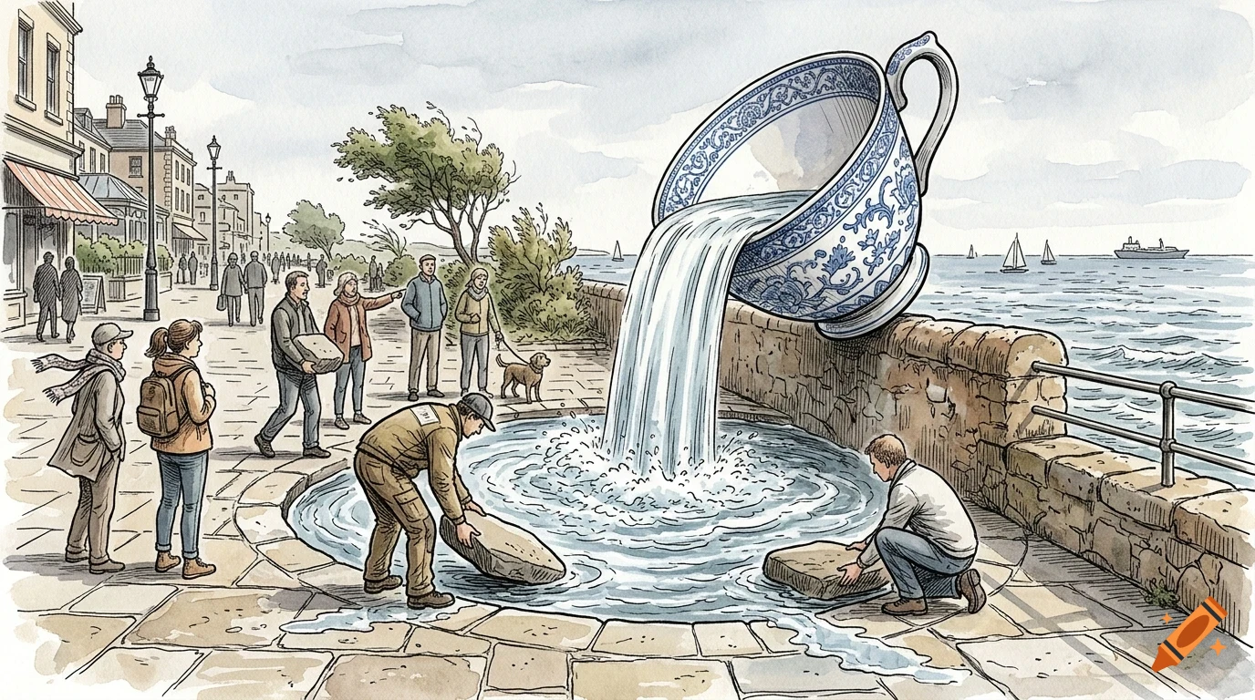 An oversized blue and white patterned teacup tilts on a seaside promenade, pouring water into a circular fountain while people look on.