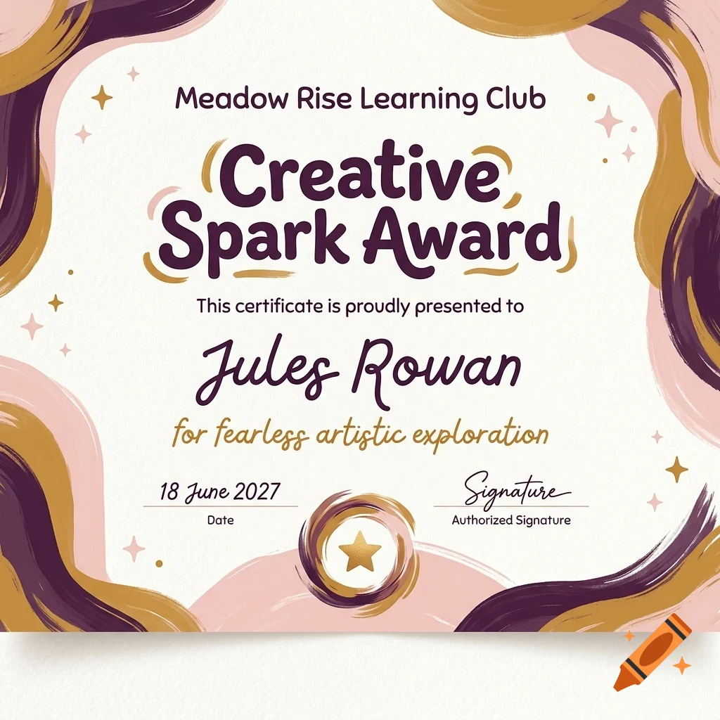 An award certificate from Meadow Rise Learning Club titled Creative Spark Award presented to Jules Rowan for fearless artistic exploration, featuring abstract painted borders.