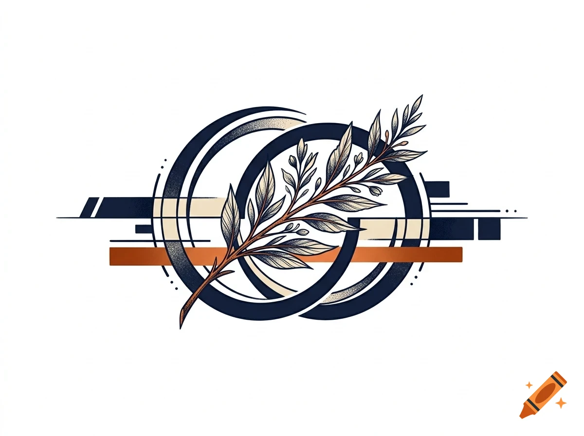 An illustrative design featuring a detailed leafy branch laid over overlapping dark blue circles and geometric horizontal stripes on a white background.