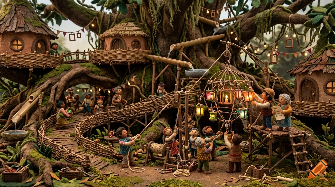 A detailed diorama of a village built within a massive tree, featuring miniature houses, walkways, and tiny figures interacting and working.