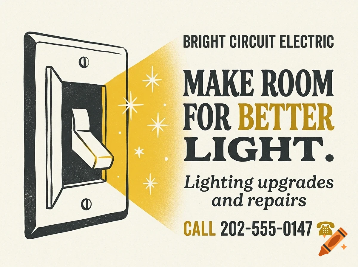 An advertisement for Bright Circuit Electric featuring an illuminated light switch graphic and text saying Make room for better light.
