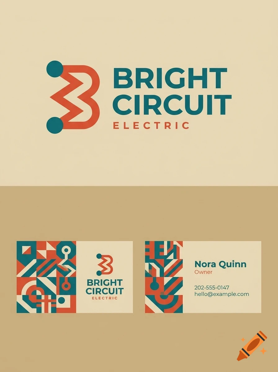 A business card design with a geometric abstract pattern, the text BRIGHT CIRCUIT ELECTRIC, and contact info for Nora Quinn.