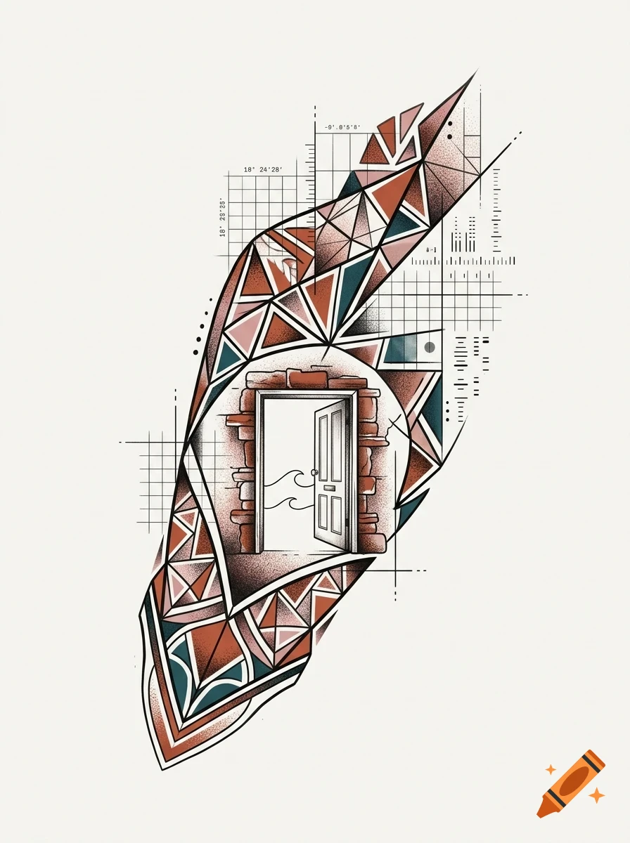 An abstract geometric tattoo design featuring an open doorway set in a stone wall surrounded by technical grid lines and patterned shapes.