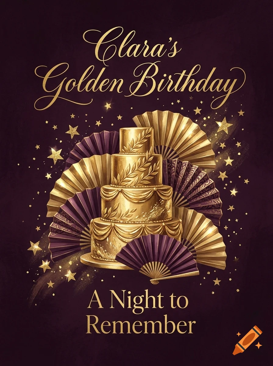 An invitation card for Clara's Golden Birthday featuring a gold tiered cake, paper fans, and stars on a dark background.