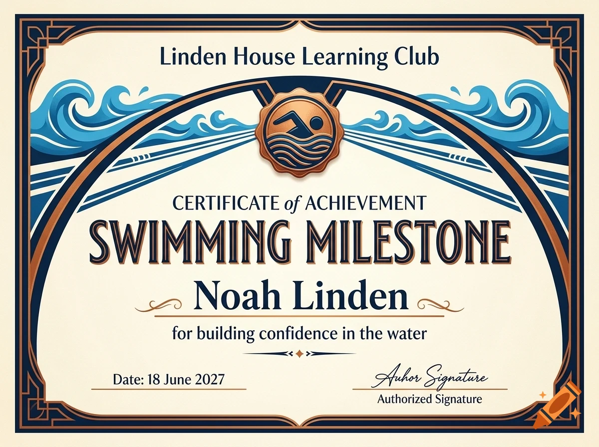Certificate of achievement for a swimming milestone with vintage blue and copper design elements.